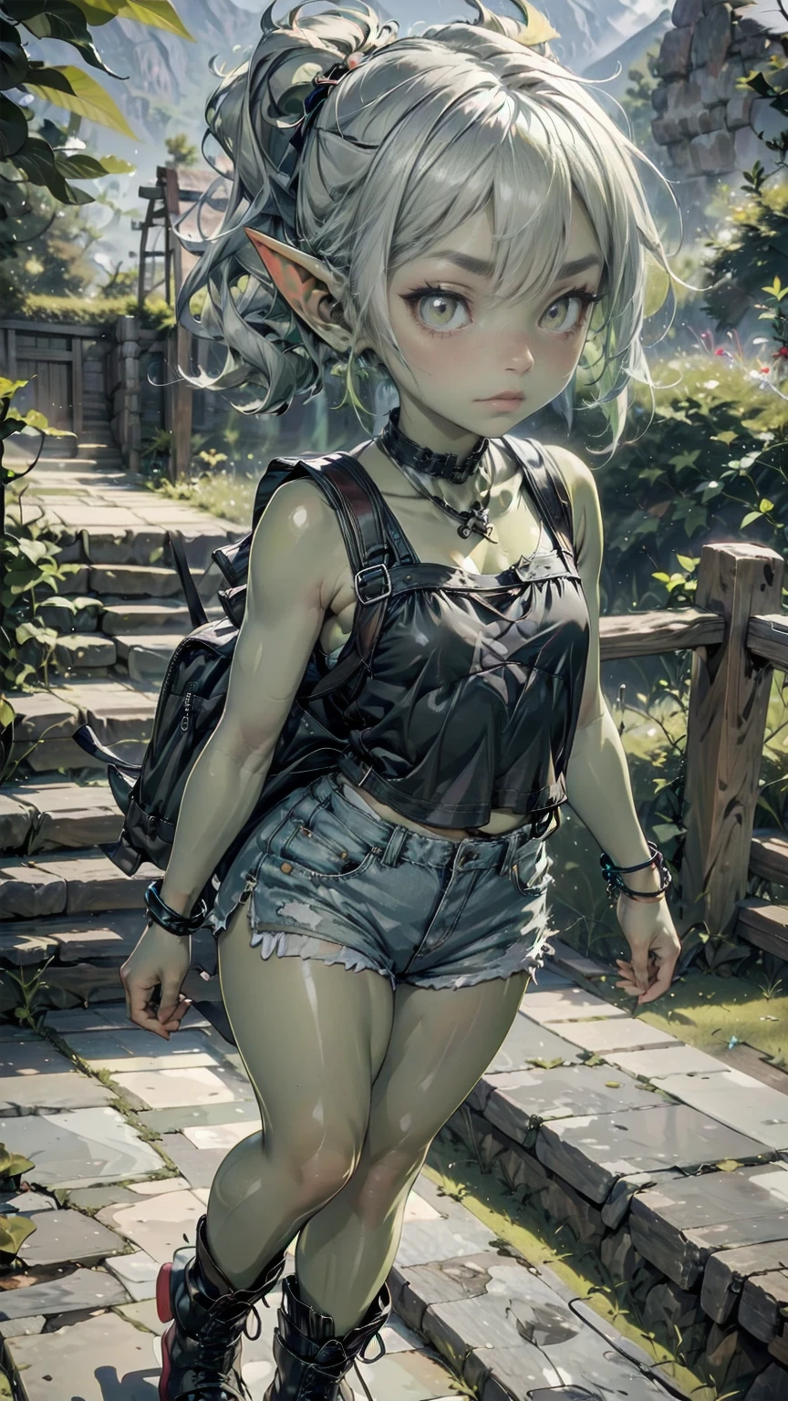 1 girl, solo ((best quality)), ((masterpiece)), (detailed), 4k, deep green skin, tiny pointy ears, 3 foot tall mature goblin woman with silver hair color, pigtails, ((green skin:1.5)) wearing tanktop, hiking shorts, hiking boots, backpack, wearing rainbow friendship bracelet and leather necklace, hiking up machu picchu, dynamic pose, cinematic still, misty mountain, asia, hiking up a mountain path, wooden bridges