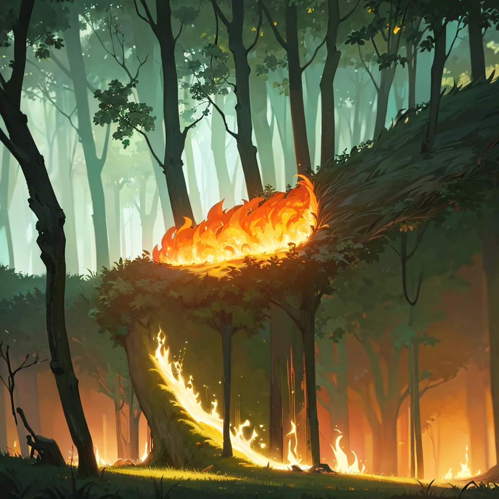 In the middle of an extensive and ancient forest, the trees rise imposingly, their crowns intertwining creating a natural roof of resplendent green leaves.  In the distance, beyond the rows of logs and trees, a large explosion lights up the horizon.  The golden and orange glow bathes the trees in blinding light, casting shadows.