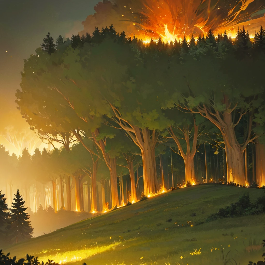 In the middle of an extensive and ancient forest, the trees rise imposingly, their crowns intertwining creating a natural roof of green leaves.  In the distance, among rows of trunks and trees, a large explosion is seen that illuminates the horizon.  The golden and orange glow bathes the trees in a blinding light.