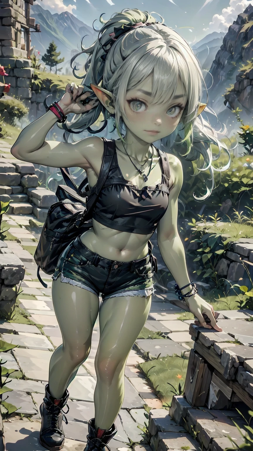 1 girl, solo ((best quality)), ((masterpiece)), (detailed), 4k, deep green skin, tiny pointy ears, 3 foot tall mature goblin woman with silver hair color, pigtails, ((green skin:1.4)) wearing tanktop, hiking shorts, hiking boots, backpack, wearing rainbow friendship bracelet and leather necklace, hiking up machu picchu, dynamic pose, cinematic still, misty mountain, asia, smiling, having fun