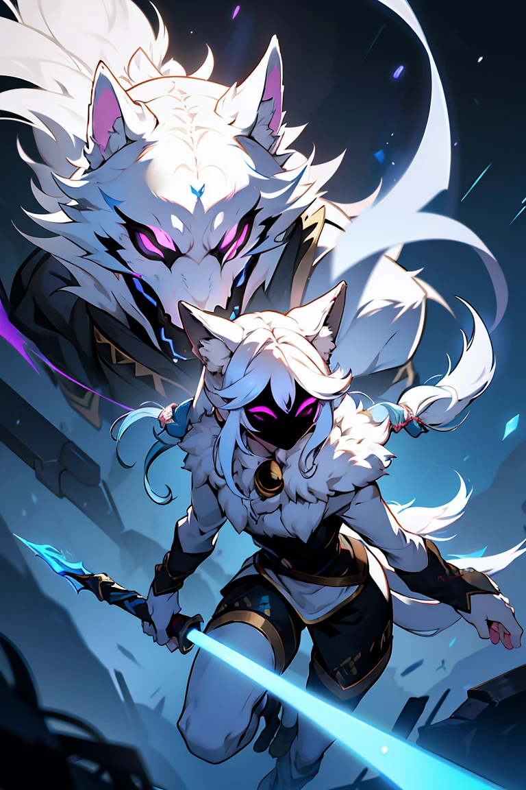 White hair, ethereal aura, serenity, wielded bow, light garments, spectral wolf, fierce nature, visual duality, soul hunters, smooth transition, agile posture, intense expression, light tones, dark tones, black facial mask.