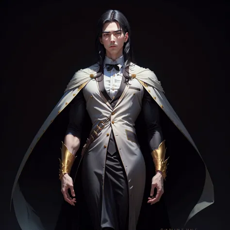 renaissance, plano general, medium shot, male, vampire, elegant white silk suit, wide, pale skin, black fur, muscle, strong, gol...