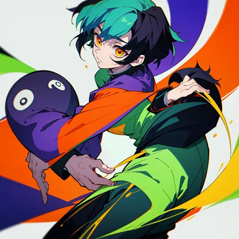 fifteen year old male, uniform demon slayer, ying yang theme, beautiful visual quality, short hair, blue, red, green, orange, ye...