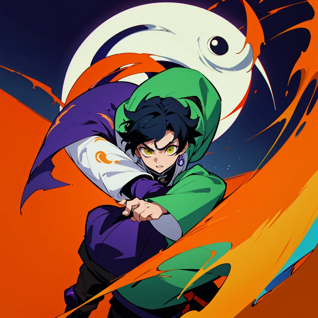 fifteen year old male, Uniform demon slayer, ying yang theme, Beautiful visual quality, Short hair, Blue, red, green, orange, yellow and purple all around