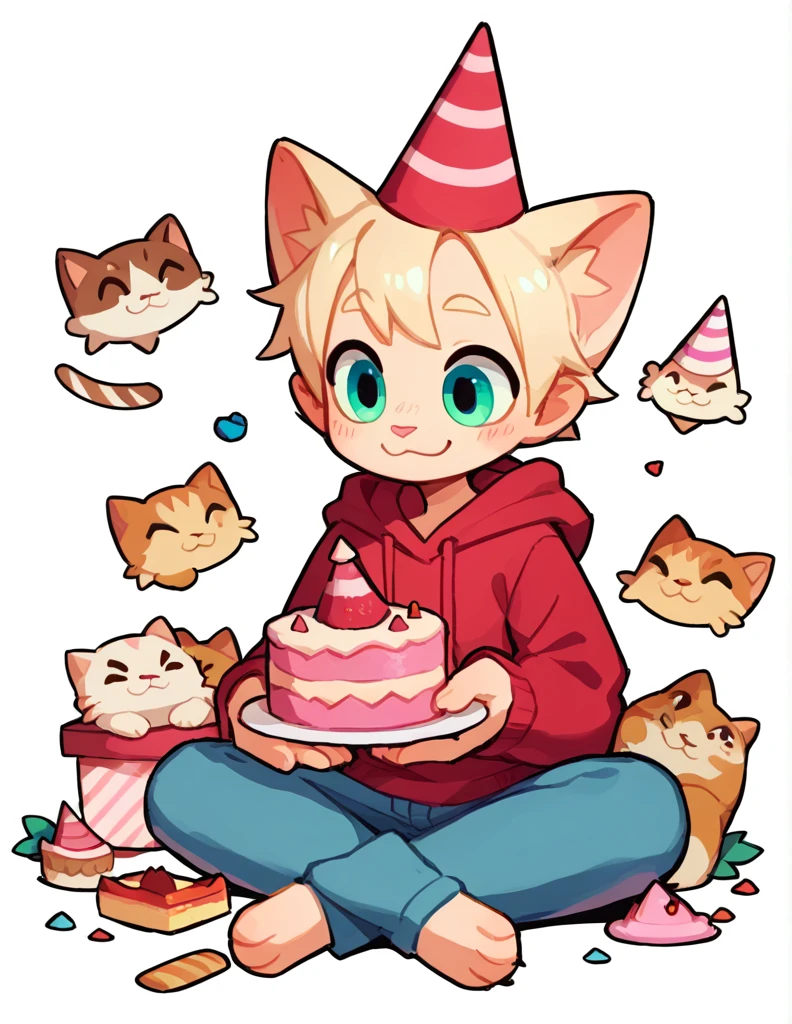 The Q version of the cute furry cat, holding a birthday cake, sitting, cute smile, looking at cake, happy, cute, pointy hair, male cat, party hat, hoodie, jeans, beans, white background 