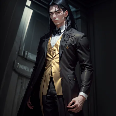 Renaissance, plano general, medium shot, male, Vampire, elegant white silk suit, wide, pale skin, black fur, muscle, strong, gol...