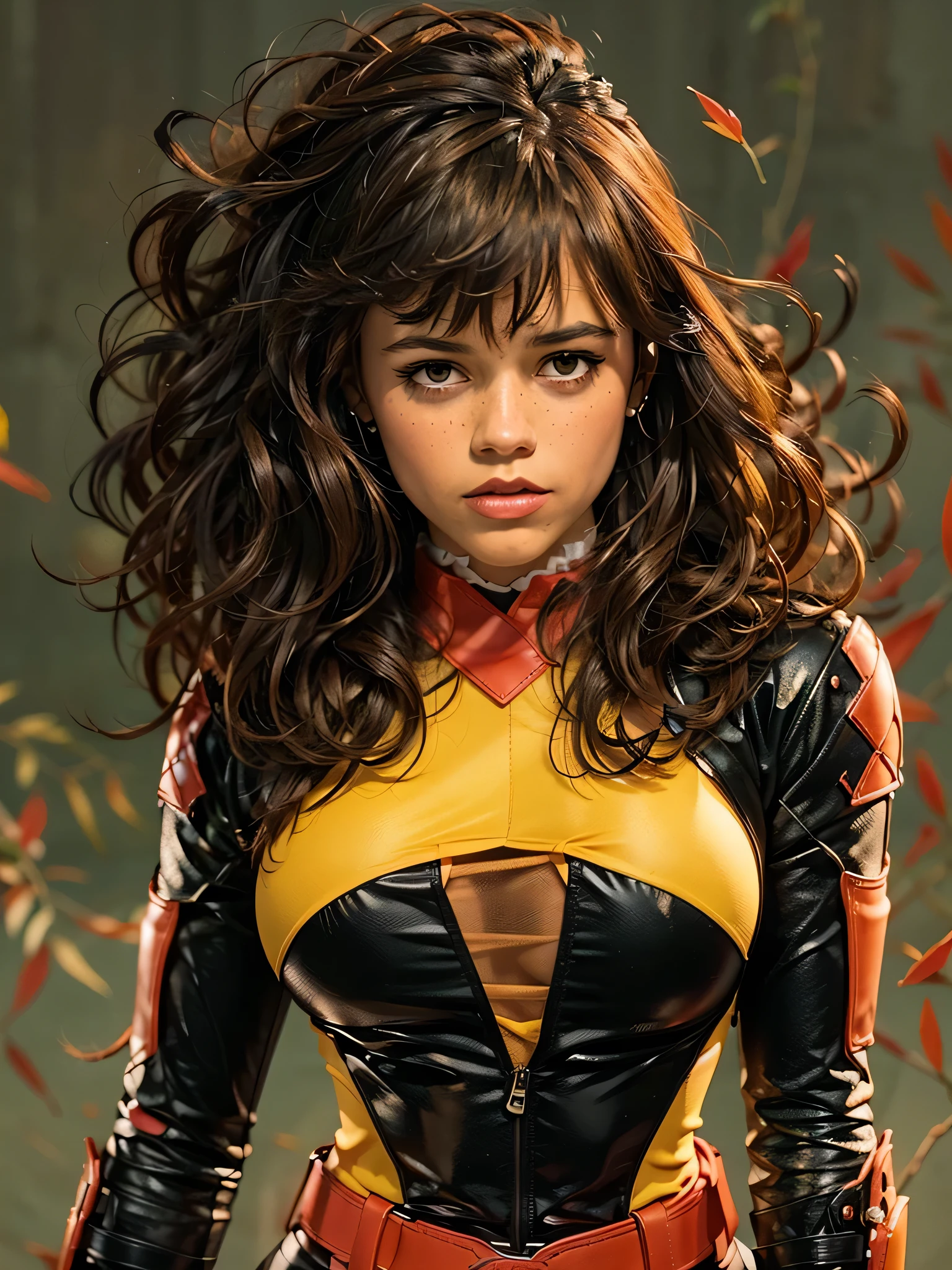 A woman, large hair with bangs, 90's x-men uniform, outside, Marvel art style, comic, red eyes, some freckles, dark yellow spandex, red accent, smm, jenna_ortega