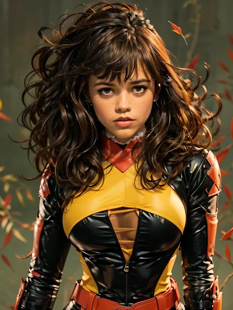 A woman, large hair with bangs, 90's x-men uniform, outside, Marvel art style, comic, red eyes, some freckles, dark yellow spand...