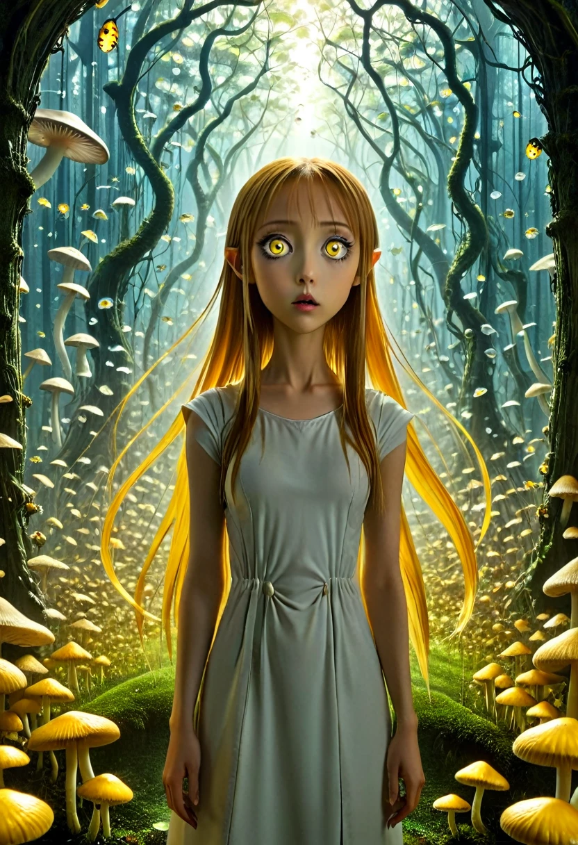 asuna, With her enormous yellow eyes she looks directly at the mushrooms with an expression of amazement when she finds herself surrounded by hundreds of glass insects that have an impossible geometry.... All with the style of Tim Burton, in a kind of surreal dream.