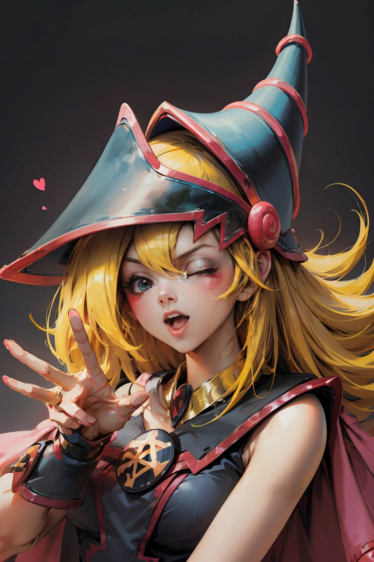 Beautiful dark magician gils. With his hands he makes the sign of love and peace. He has one eye closed and the other open, open voice sticking out the tongue. Gesture of satisfaction and sensuality. pose sexy 