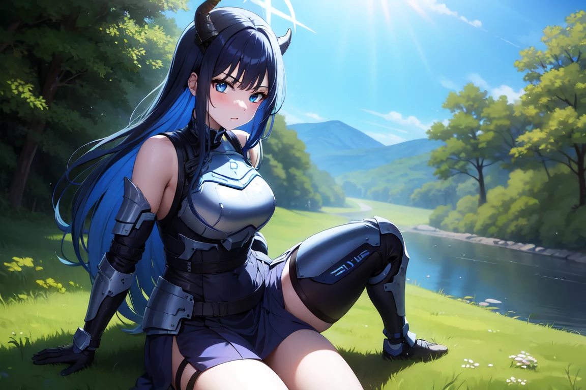 1girl,solo, saorijoumae, saori joumae, blue eyes, blue hair, halo, long hair, sitting, looking at viewer, adventurer clothes, light armor, horns, outdoors