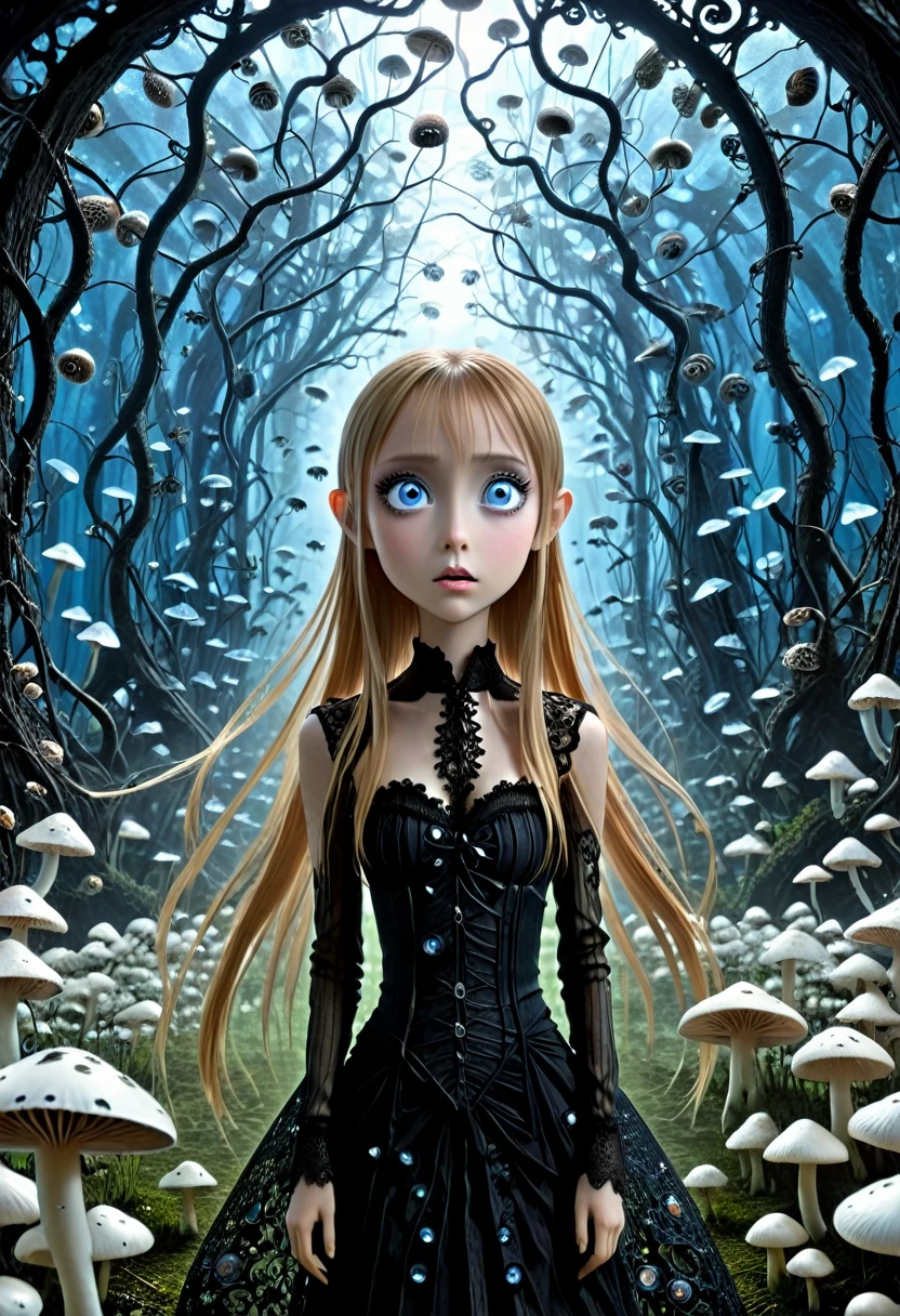 asuna, With her huge blue eyes and dressed in black lace, She looks directly at the mushrooms with an expression of amazement as she finds herself surrounded by hundreds of glass insects that have an impossible geometry.... All with the style of Tim Burton, in a kind of surreal dream.