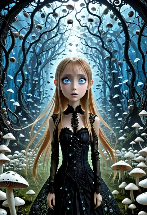 asuna, with her huge blue eyes and dressed in black lace, she looks directly at the mushrooms with an expression of amazement as...