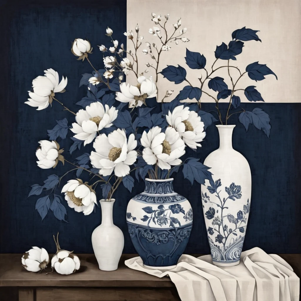 抽象的な花の静物画, この綿の花瓶, 白と濃紺, 荒々しい田園, 意図的なキャンバス, カトリン・ウォルツ・スタイン