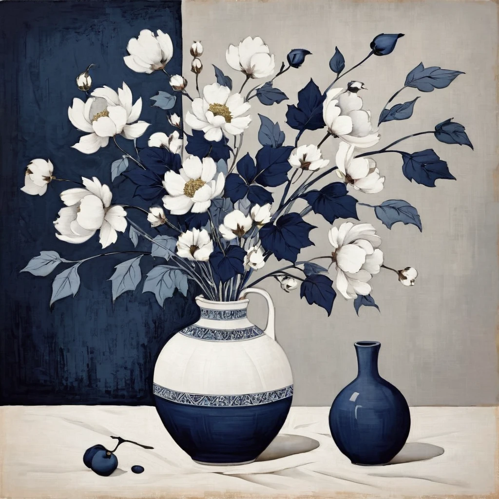 nature morte florale abstraite, vase avec ce coton, blanc et bleu marine foncé, pastorale brute, toile intentionnelle, par Catrin Walz-Stein