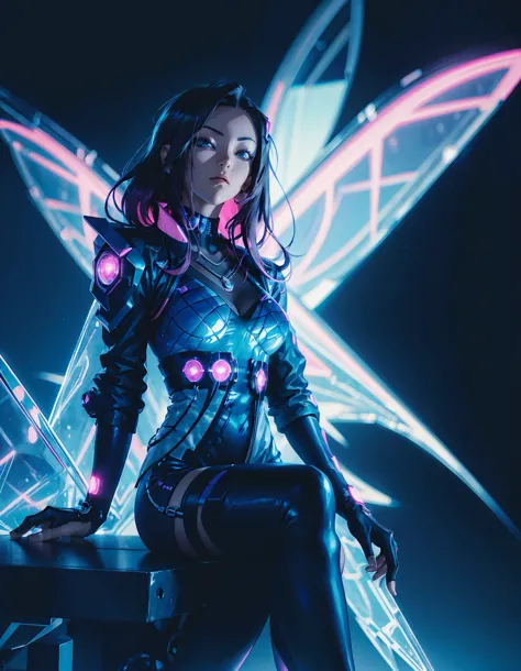 Anime-style cyberpunk female character with dark hair, neon accents, and mechanical wings. She is wearing blue jacket over revea...