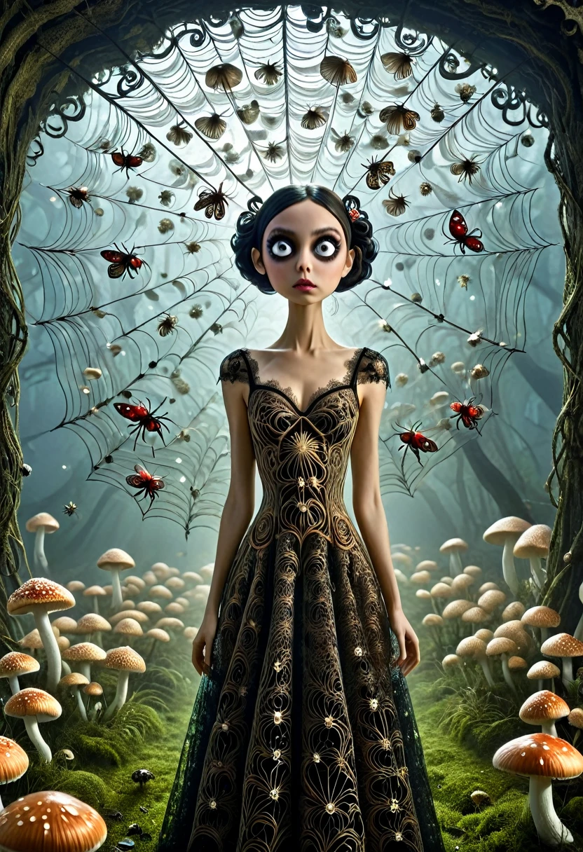 Karely Ruiz, spider-shaped lace dress, She looks with her enormous eyes directly at the mushrooms with an expression of astonishment as she sees herself surrounded by hundreds of crystal insects that have an impossible geometry.... All with the style of Tim Burton, in a kind of surreal dream.