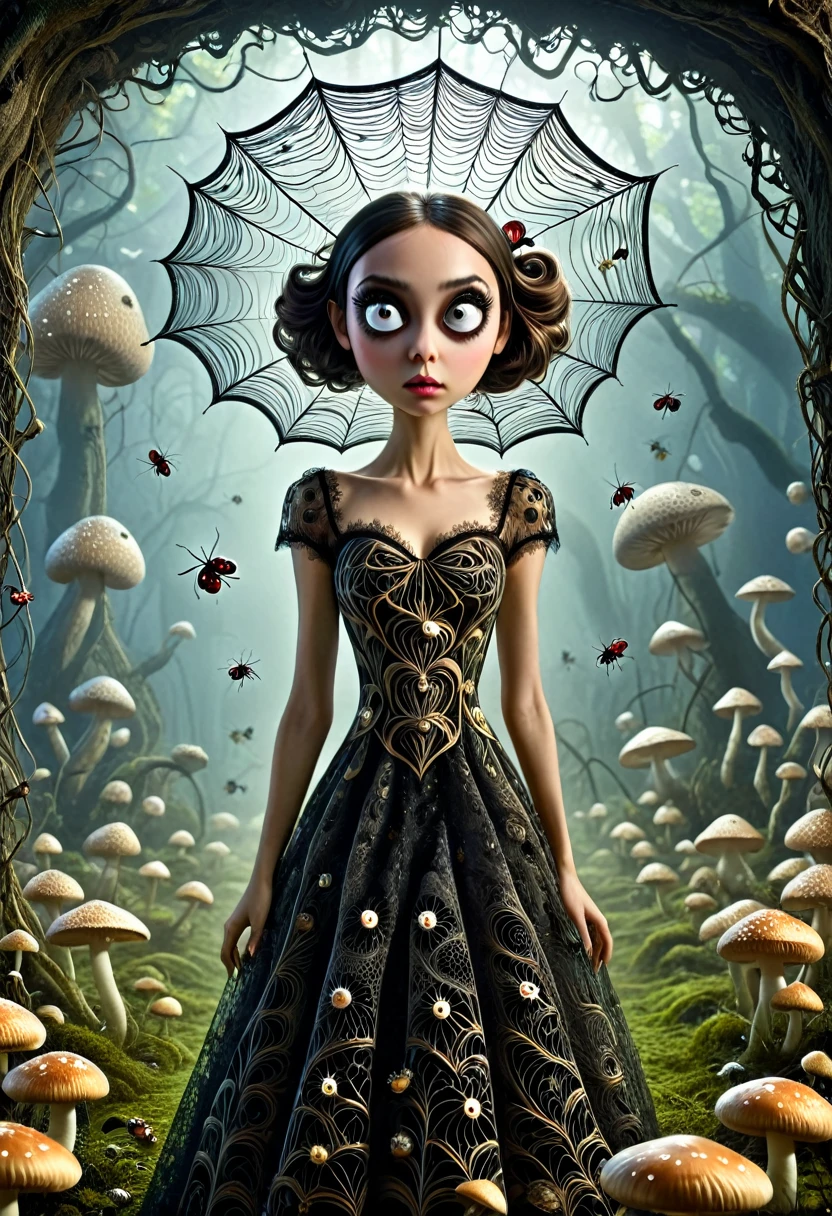 Karely Ruiz, spider-shaped lace dress, She looks with her enormous eyes directly at the mushrooms with an expression of astonishment as she sees herself surrounded by hundreds of crystal insects that have an impossible geometry.... All with the style of Tim Burton, in a kind of surreal dream.