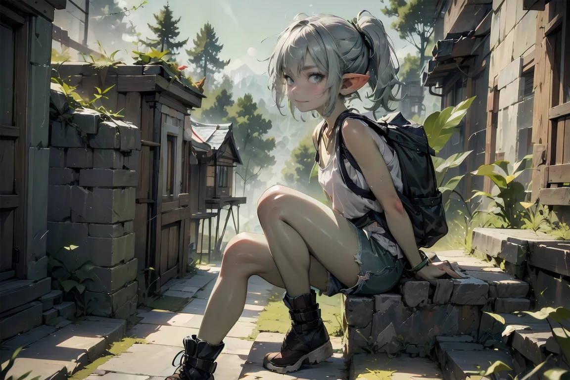 1 girl, solo ((best quality)), ((masterpiece)), (detailed), 4k, deep green skin, tiny pointy ears, 3 foot tall mature goblin woman with silver hair color, pigtails, ((green skin)) wearing tanktop, hiking shorts, hiking boots, backpack, wearing rainbow friendship bracelet and leather necklace, exploring ancient asian ruins on a misty early morning, foggy and mysterious, dynamic pose, cinematic still, misty, foggy, soft lighting