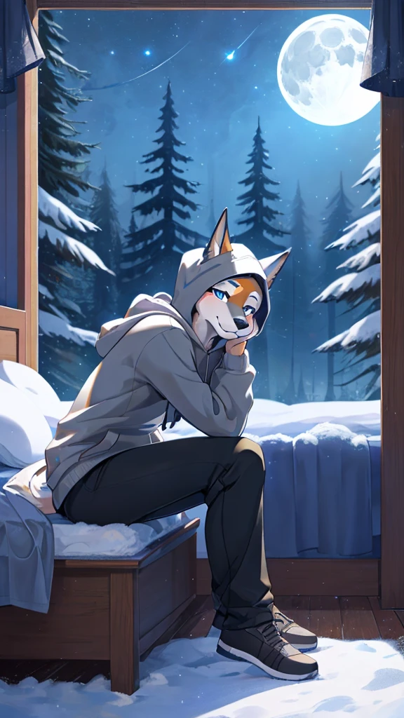 Solo, Female, Porsha Crystal, (Furry anthro), (Detailed background, Detailed lighting), Inside cozy bedroom, ((Night sky, Snowy forest in background)), Moon light reflecting through the window, (Grey hoodie, Black pants), Sitting down on side of bed, (Bored expression)