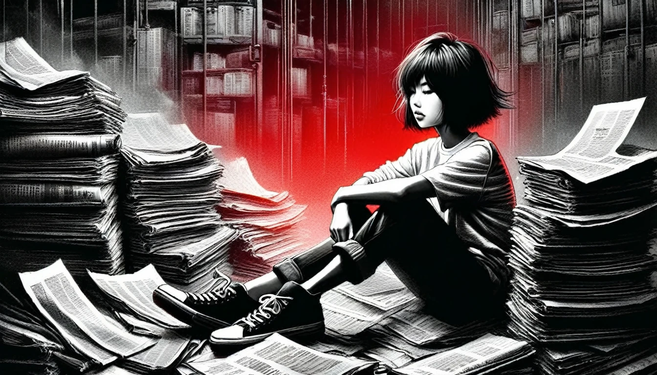 (Graphite Paint), (Beautiful and attractive girl sitting cross-legged on a pile of old newspapers in the basement), (She is wearing a white crew neck shirt and jeans.), Young and wild Asian face, A little mixed race face, (The chin is slightly angular: 0.4), (Messy and super long, Tightly curled short hair), Depraved and lazy, (Perfect Face), Slightly narrow, slender eyes, Sneakers, (The industrial lights on the roof emitted a dim red light.: 1.34),
background: The basement is filled with old newspapers and books., There are a lot of old briefcases and glasses flying around., The old wall is damaged, The industrial style is retro and outdated,
90s anime style, Bold silhouette, Graphic Arts, Line art, Black and White, Line art with pen pressure, Ink pen sketching with pressure, Pressure sensitive calligraphy pen, G-pen style with pressure, Hand-drawn thick lines, High Contrast, ig model,