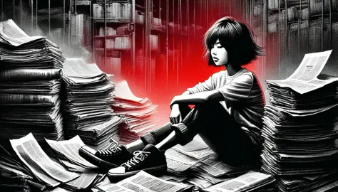 (Graphite Paint), (Beautiful and attractive girl sitting cross-legged on a pile of old newspapers in the basement), (She is wear...