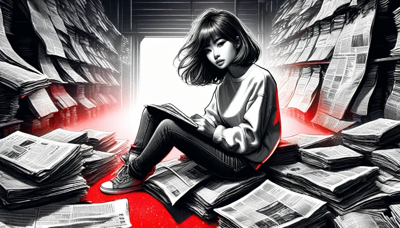 (Graphite Paint), (Beautiful and attractive girl sitting cross-legged on a pile of old newspapers in the basement), (She is wearing a white crew neck shirt and jeans.), Young and wild Asian face, A little mixed race face, (The chin is slightly angular: 0.4), (Messy and super long, Tightly curled short hair), Depraved and lazy, (Perfect Face), Slightly narrow, slender eyes, Sneakers, (The industrial lights on the roof emitted a dim red light.: 1.34),
background: The basement is filled with old newspapers and books., There are a lot of old briefcases and glasses flying around., The old wall is damaged, The industrial style is retro and outdated,
90s anime style, Bold silhouette, Graphic Arts, Line art, Black and White, Line art with pen pressure, Ink pen sketching with pressure, Pressure sensitive calligraphy pen, G-pen style with pressure, Hand-drawn thick lines, High Contrast, ig model,