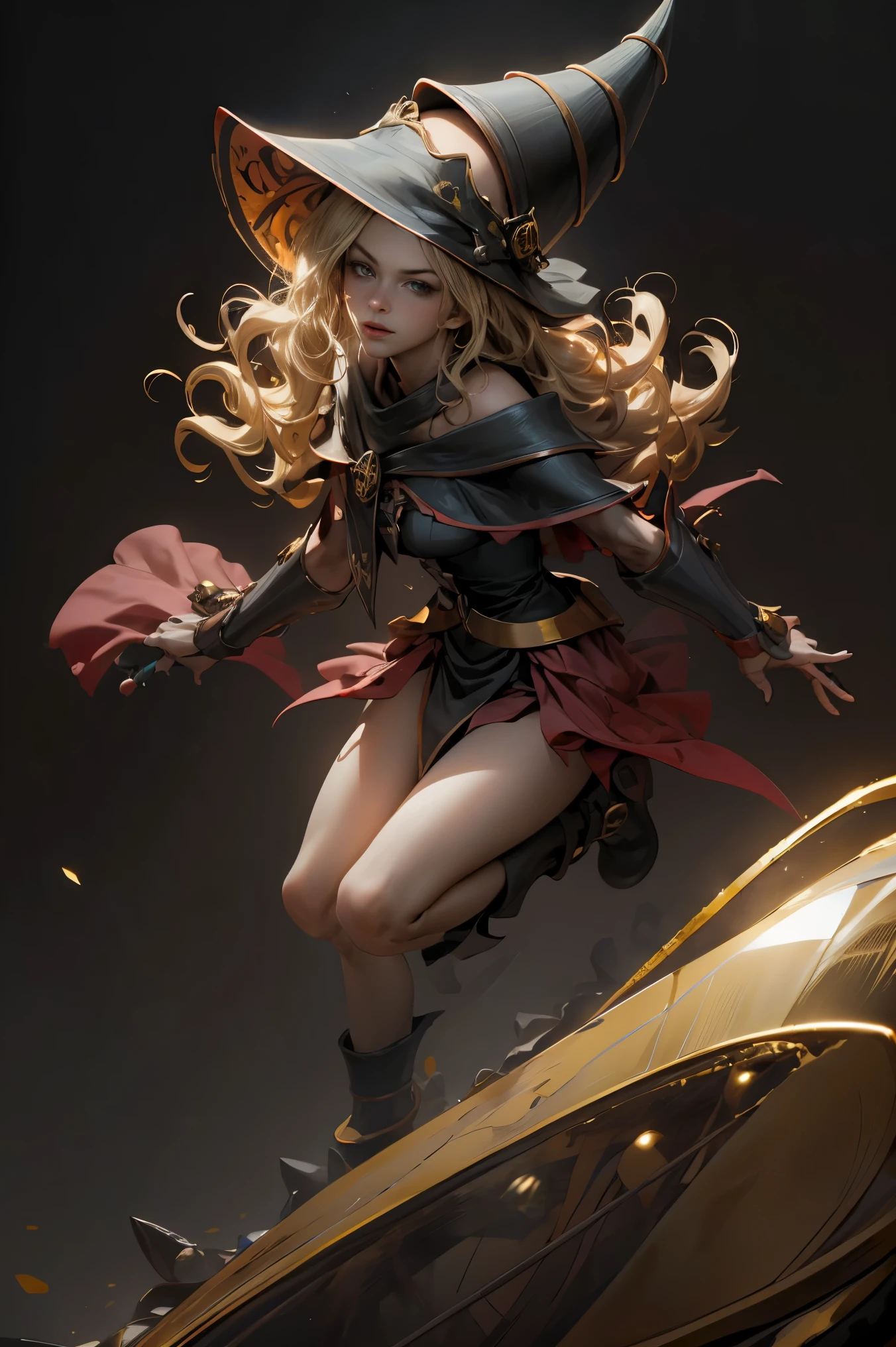 (8k,photorealistic　raw photography　the highest quality;1.4) 　(1girl in)　super beauty　(realistic face)　femenine body 　(Blonde with long curls)　Hold a black and red magic wand.　combat scene　Magic hat with black and gold exterior.　Beautiful expression　Glare　(Real looking skin)　(Giles dark wizards)　Tempting　super high resolution　A hyperrealist　high detail　Full body photo　remains