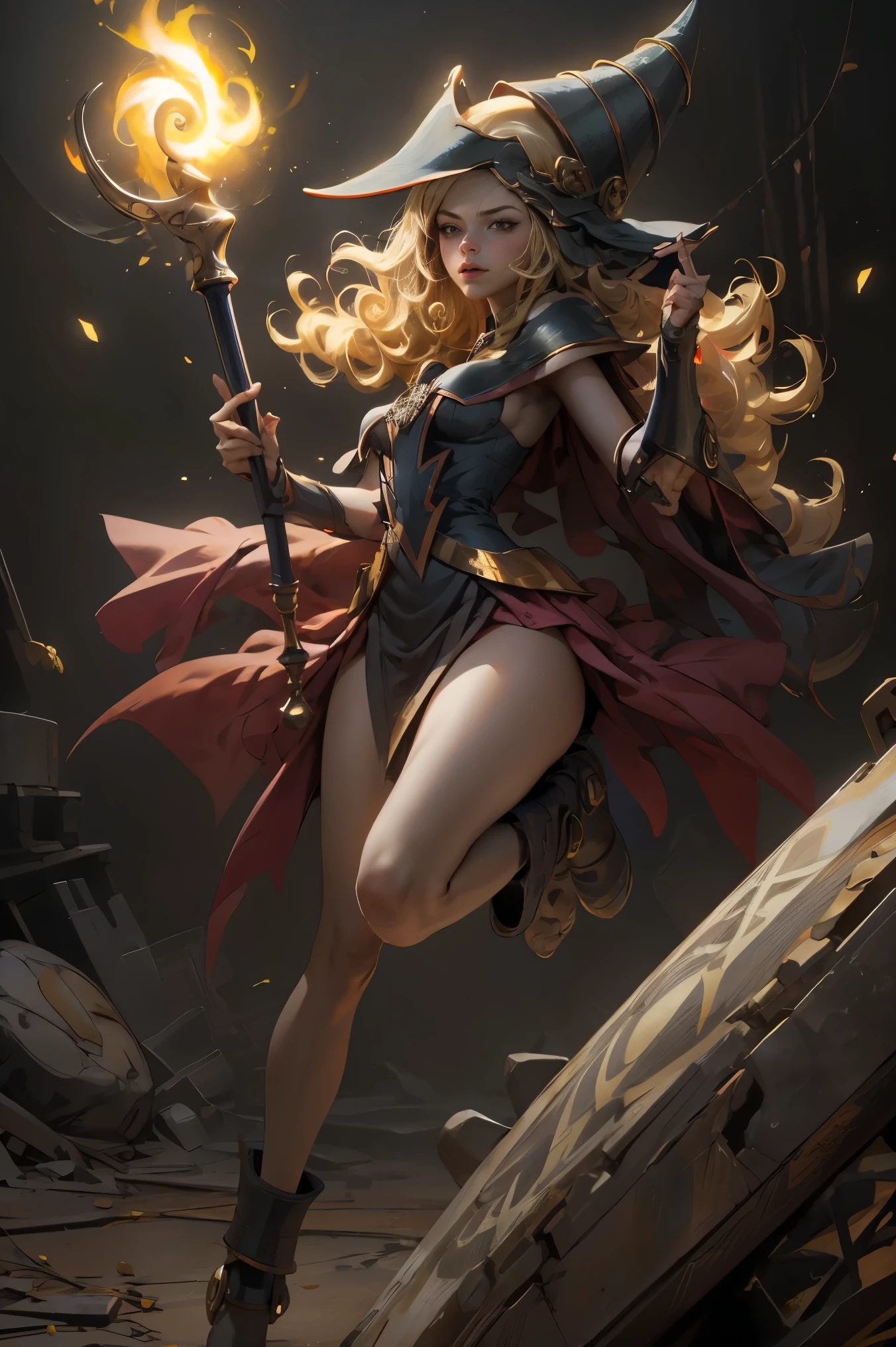 (8k,photorealistic　raw photography　the highest quality;1.4) 　(1girl in)　super beauty　(realistic face)　femenine body 　(Blonde with long curls)　Hold a black and red magic wand.　combat scene　Magic hat with black and gold exterior.　Beautiful expression　Glare　(Real looking skin)　(Giles dark wizards)　Tempting　super high resolution　A hyperrealist　high detail　Full body photo　remains