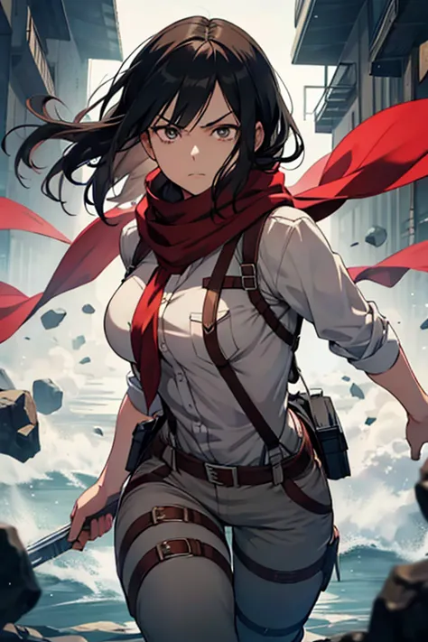 attack on titan, mikasa, full body photo ,Draw a young woman of average height, with long black hair. Your eyes are gray and exp...