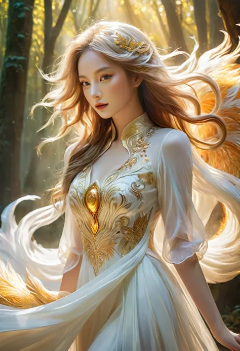 (best quality,ultra-detailed,realistic:1.37),portrait,digital painting,white silk dress with gold embroidery,nine tail fox,trans...