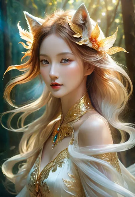 (best quality,ultra-detailed,realistic:1.37),portrait,digital painting,white silk dress with gold embroidery,nine tail fox,trans...