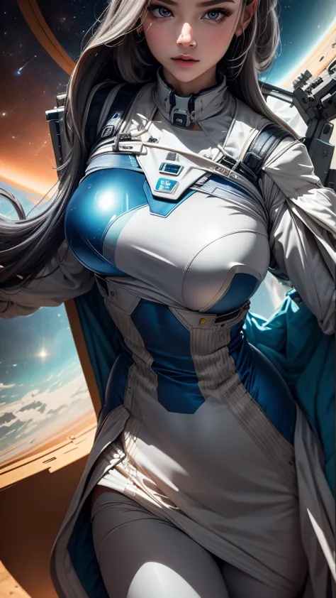 anime girl in space with a spaceship in the background, thick and smooth warframe thighs, gynoid body, usa un space suit, centau...