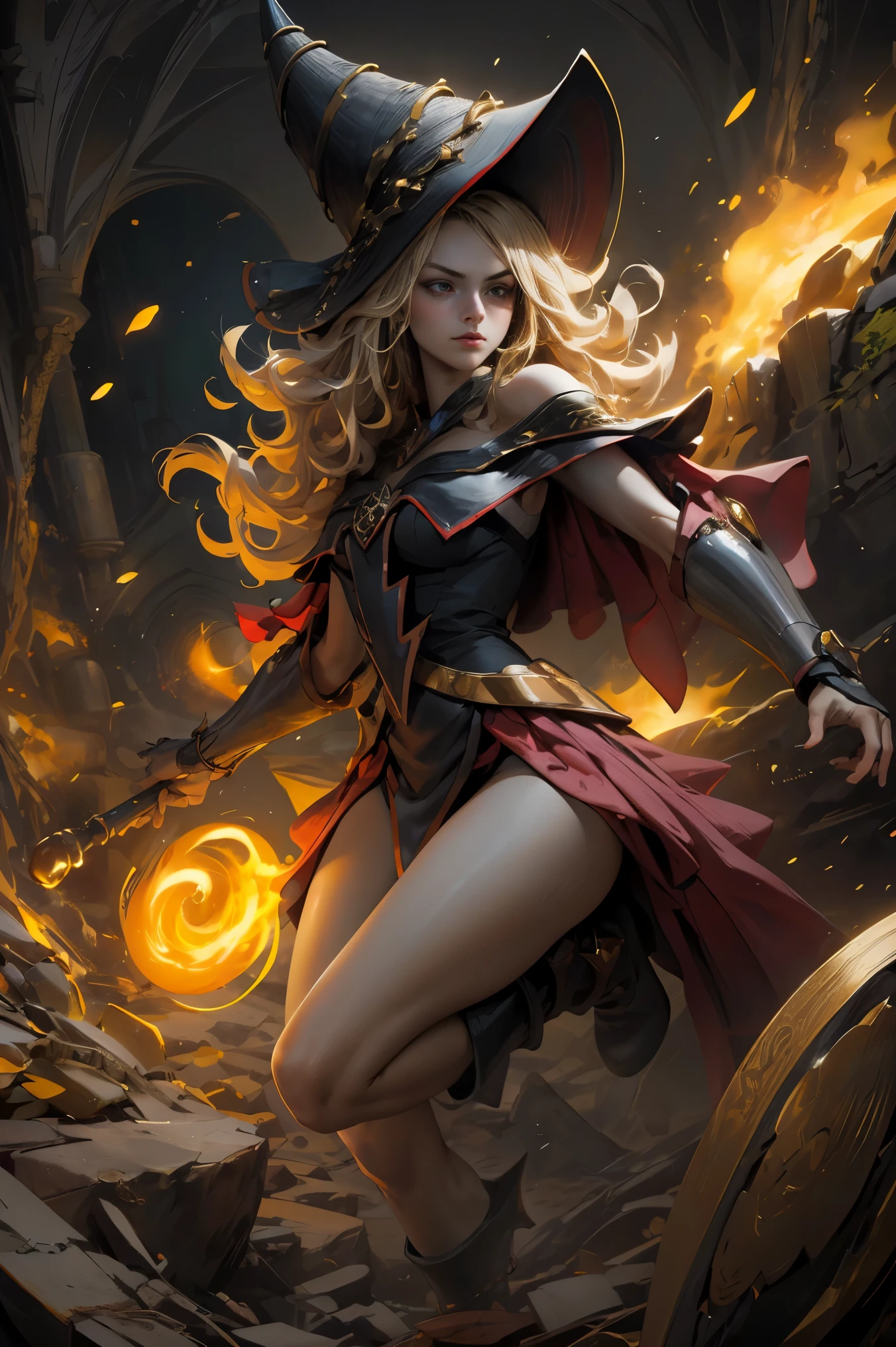 (8k,photorealistic　raw photography　the highest quality;1.4) 　(1girl in)　super beauty　(realistic face)　femenine body 　(Blonde with long curls)　Hold a black and red magic wand.　combat scene　Magic hat with black and gold exterior.　Beautiful expression　Glare　(Real looking skin)　(Giles dark wizards)　Tempting　super high resolution　A hyperrealist　high detail　Full body photo　remains