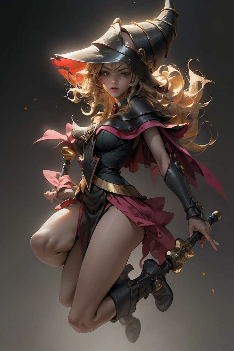 (8k,photorealistic　raw photography　the highest quality;1.4) 　(1girl in)　super beauty　(realistic face)　femenine body 　(Blonde with long curls)　Hold a black and red magic wand.　combat scene　Magic hat with black and gold exterior.　Beautiful expression　Glare　(Real looking skin)　(Giles dark wizards)　Tempting　super high resolution　A hyperrealist　high detail　Full body photo　remains