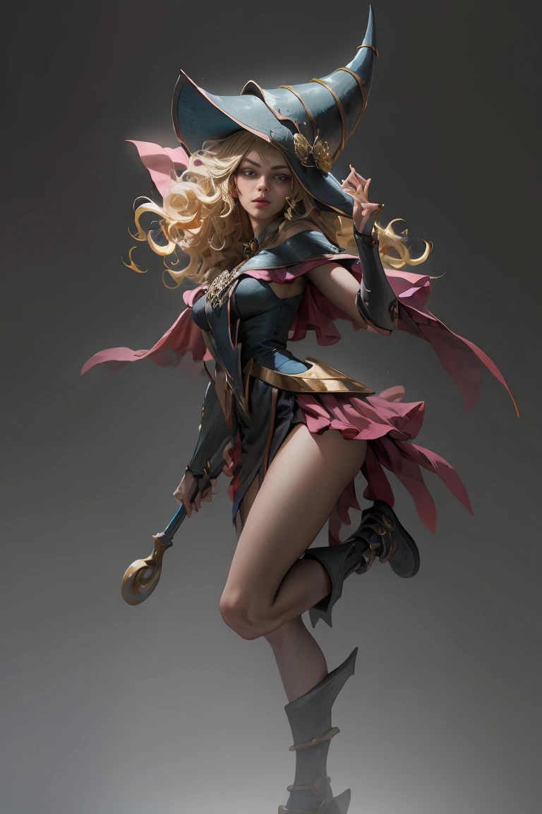 (8k,photorealistic　raw photography　the highest quality;1.4) 　(1girl in)　super beauty　(realistic face)　femenine body 　(Blonde with long curls)　Hold a black and red magic wand.　combat scene　Magic hat with black and gold exterior.　Beautiful expression　Glare　(Real looking skin)　(Giles dark wizards)　Tempting　super high resolution　A hyperrealist　high detail　Full body photo　remains