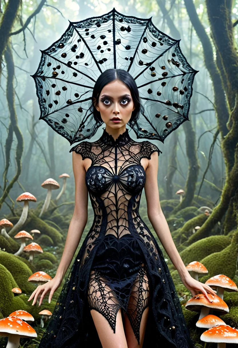 Karely Ruiz, spider-shaped lace dress, She looks with her enormous eyes directly at the mushrooms with an expression of astonishment as she sees herself surrounded by hundreds of crystal insects that have an impossible geometry.... All with the style of Tim Burton, in a kind of surreal dream. While drinking some tea.