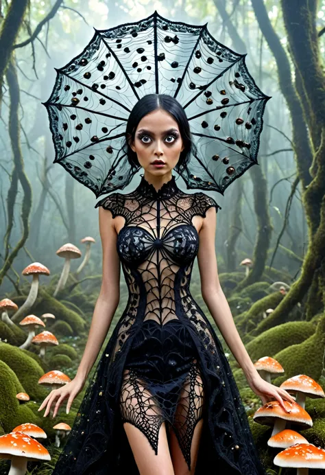 Karely Ruiz, spider-shaped lace dress, She looks with her enormous eyes directly at the mushrooms with an expression of astonish...