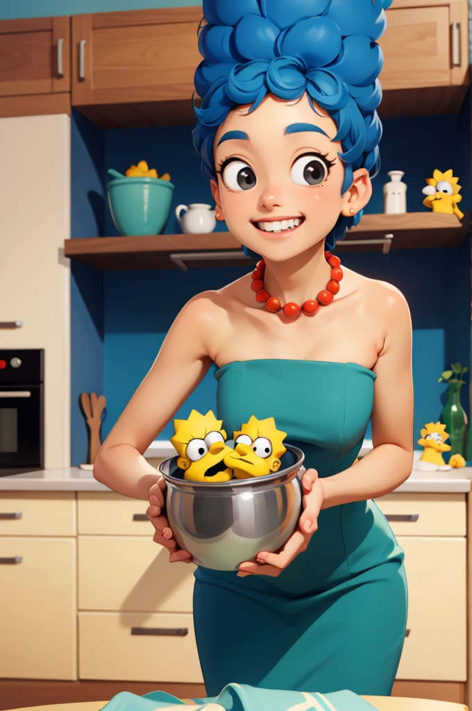 margesimpson, black eyes, yellow skin, afro, big blue hair, pearl necklace,strapless green dress, looking at viewer, serious, evil grin, leaning forward, on table, inside cozy kitchen, from_below, soft lighting, high quality, masterpiece,  