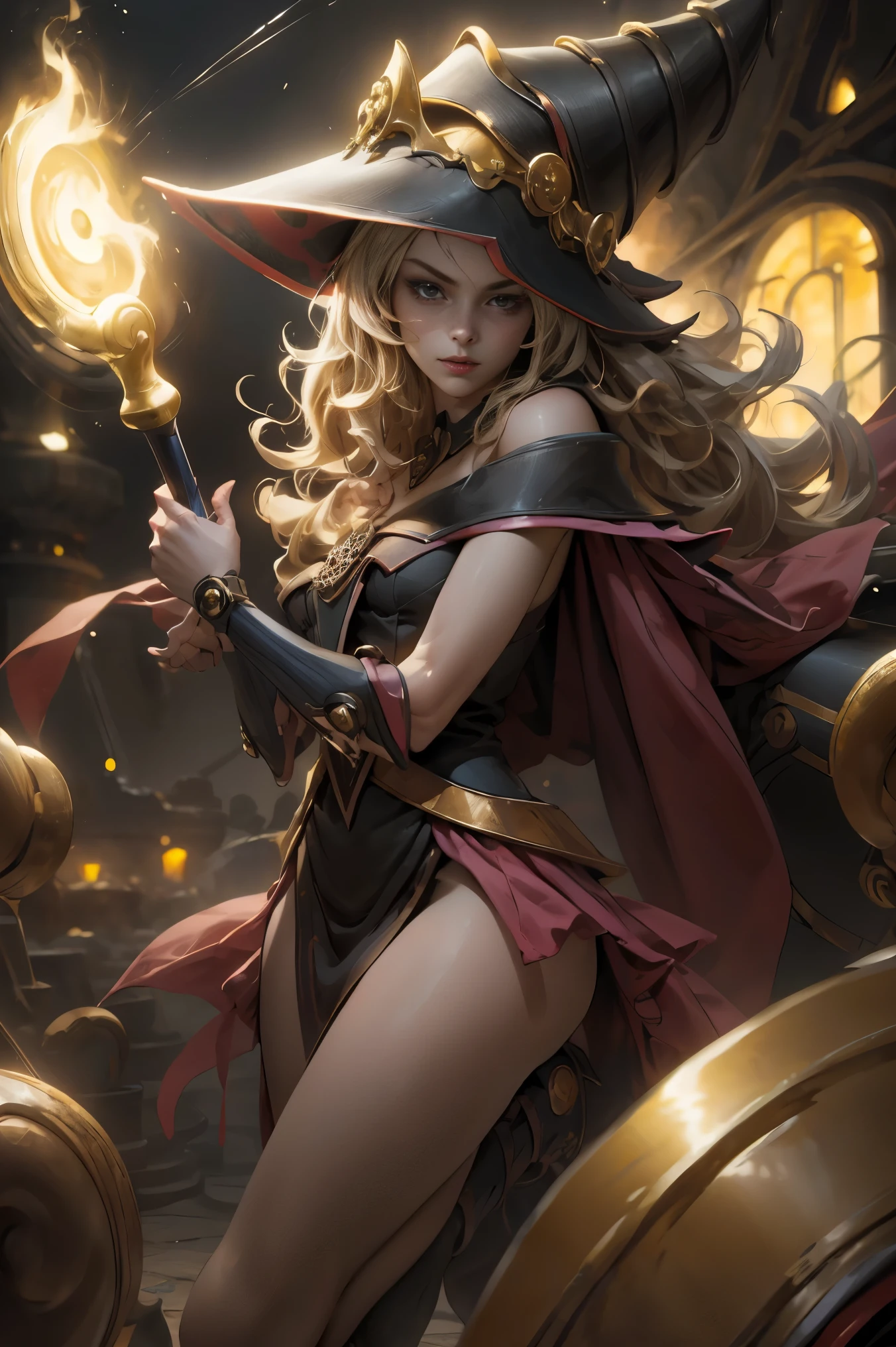 (8k,photorealistic　raw photography　the highest quality;1.4) 　(1girl in)　super beauty　(realistic face)　femenine body 　(Blonde with long curls)　Hold a black and red magic wand.　combat scene　Magic hat with black and gold exterior.　Beautiful expression　Glare　(Real looking skin)　(Giles dark wizards)　Tempting　super high resolution　A hyperrealist　high detail　Full body photo　remains