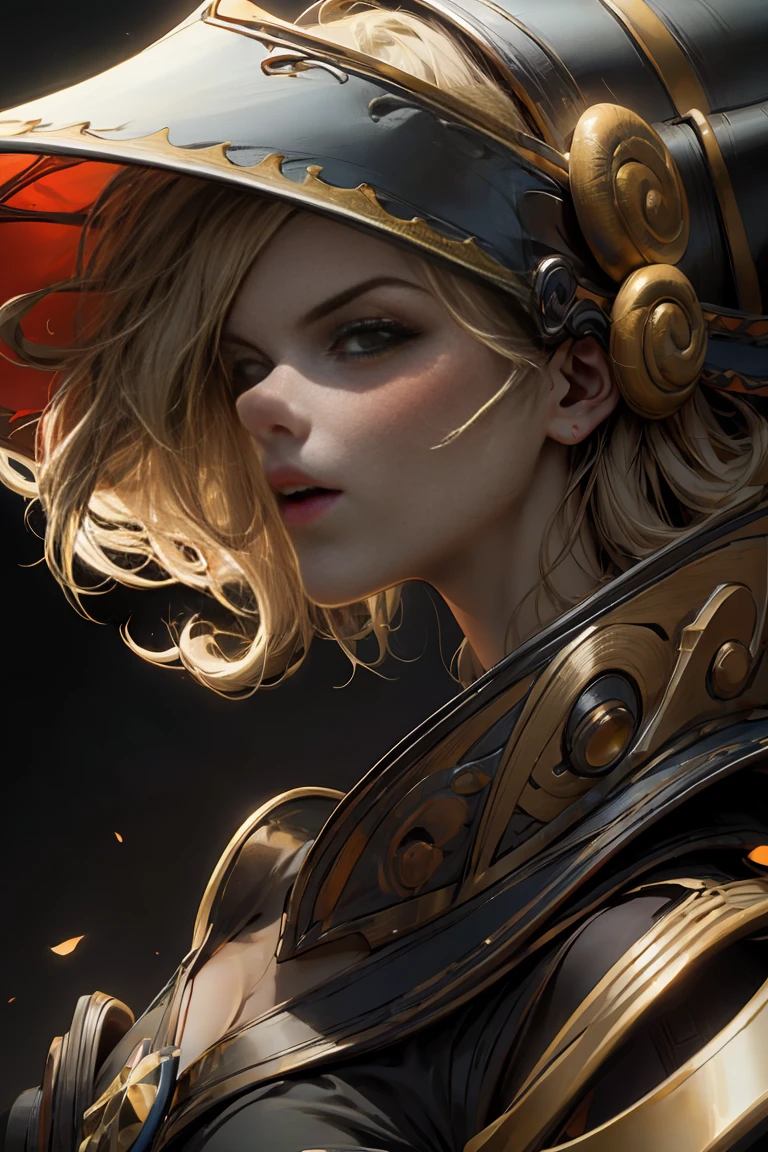 (8k,photorealistic　raw photography　the highest quality;1.4) 　(1girl in)　super beauty　(realistic face)　femenine body 　(Blonde with long curls)　Hold a black and red magic wand.　combat scene　Magic hat with black and gold exterior.　Beautiful expression　Glare　(Real looking skin)　(Giles dark wizards)　Tempting　super high resolution　A hyperrealist　high detail　Full body photo　remains