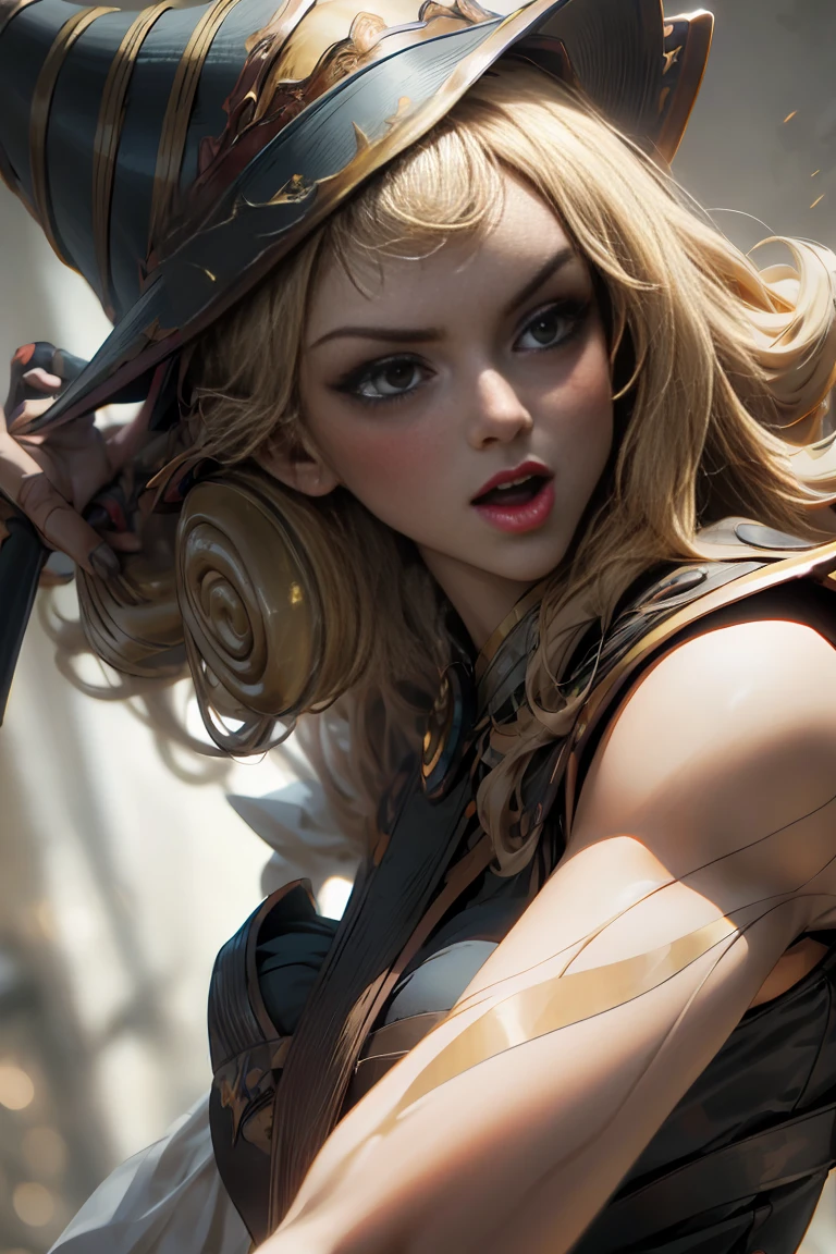 (8k,photorealistic　raw photography　the highest quality;1.4) 　(1girl in)　super beauty　(realistic face)　femenine body 　(Blonde with long curls)　Hold a black and red magic wand.　combat scene　Magic hat with black and gold exterior.　Beautiful expression　Glare　(Real looking skin)　(Giles dark wizards)　Tempting　super high resolution　A hyperrealist　high detail　Full body photo　remains