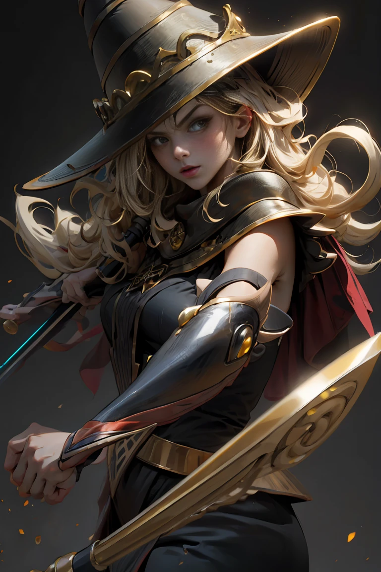 (8k,photorealistic　raw photography　the highest quality;1.4) 　(1girl in)　super beauty　(realistic face)　femenine body 　(Blonde with long curls)　Hold a black and red magic wand.　combat scene　Magic hat with black and gold exterior.　Beautiful expression　Glare　(Real looking skin)　(Giles dark wizards)　Tempting　super high resolution　A hyperrealist　high detail　Full body photo　remains