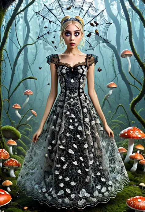 Karely Ruiz, spider-shaped lace dress, She looks with her enormous eyes directly at the mushrooms with an expression of astonish...