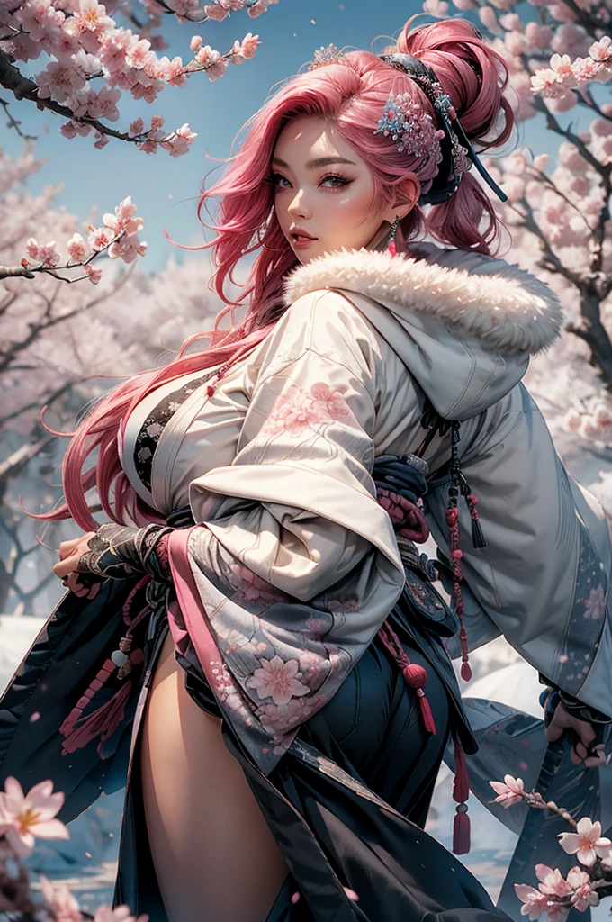 1 girl, samurai ice style, Caucasian skin, very long pink hair, vibrant moonlight eyes, Long, detailed lashes, mitts, wide sleeves, , tassel, range, the most beautiful and detailed hooded kimono, Fur trim, curvy body type, perfect ass, thick-thighs, Enormously gigantic huge breasts, cleavage showing, tons of tattoos and piercings, arching her back in a sexy and seductive slutty pose, gazing at viewer, cherry blossoms blowing in the wind 