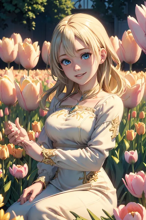 ((ultra detailed, masterpiece, absurdres))
 hgfiona, 1girl, blonde hair, blue eyes, in a field of tulips, golden hour, elegant d...