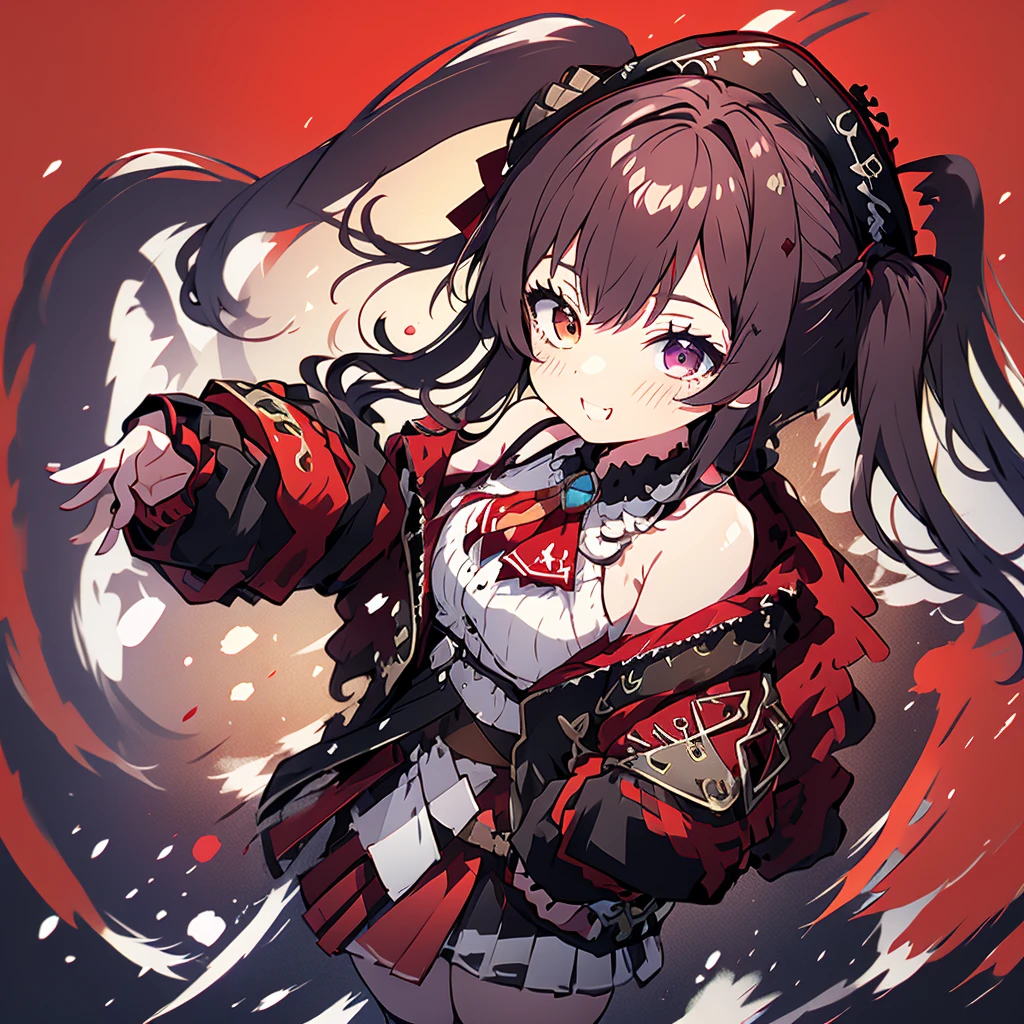 masterpiece, best quality, highres, aamarine, twintails, pirate hat, heterochromia, red ascot, bare shoulders, red shirt, off shoulder, black coat, see-through, covered navel, leotard under clothes, belt, pleated skirt, red skirt, black thighhighs, standing, cowboy shot, outdoors, blue sky, grin
