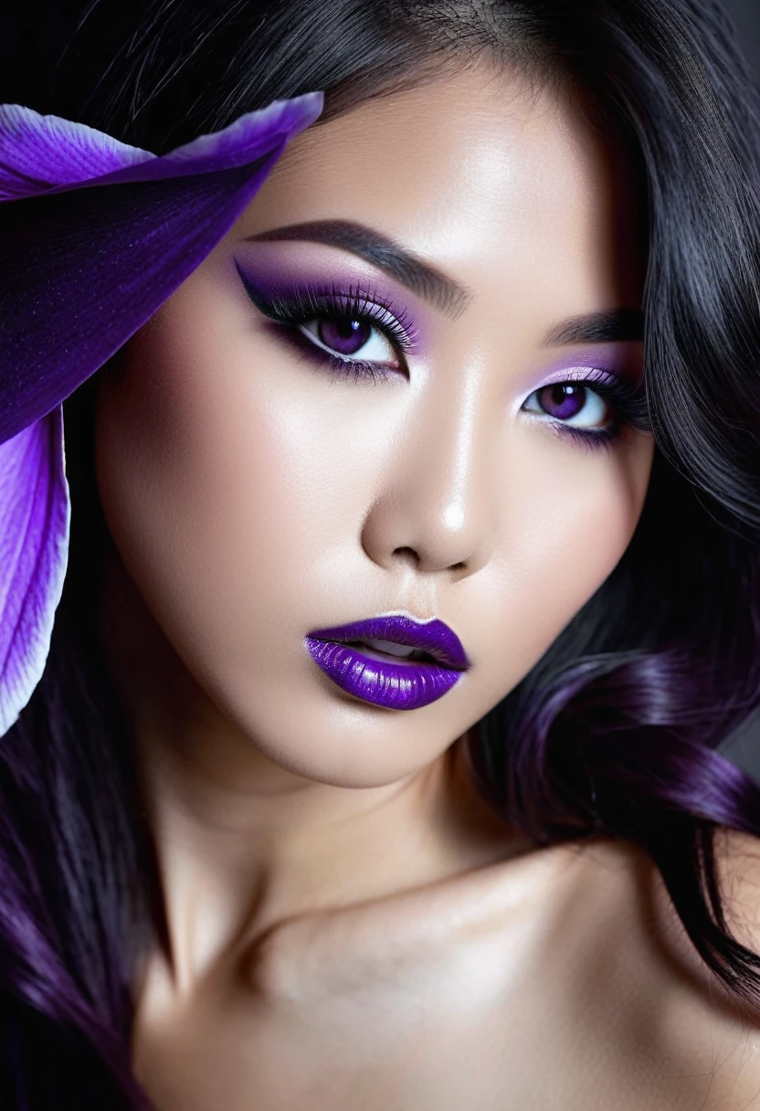 Sublime very sexy Asian woman, Detailed lips, detailed eyes, detailed eyelash, detailed face, sublime and detailed body, long cheveux violet, visage de séduction, ((violet make-up)), photo du milieu du corps, ((porter un costume)),(( Une cravate violette, photo noir et blanc et violet, only black and white and purple photo)), (((photo noir et blanc et violet : 2.0, only black and white and purple photo :2.0, purple only on iris and make-up and hair, b/w, b&w))) 