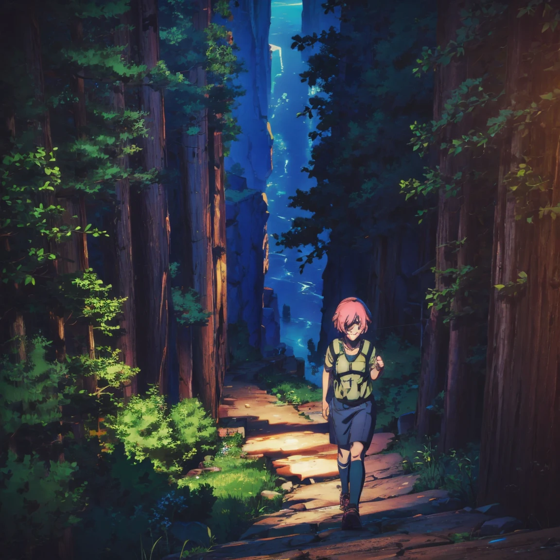 woman in hiking gear, hiking. yandere smiling, night,mappastyles4