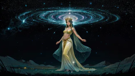 in a realm where stardust dances and nebulae swirl, the radiant goddess grace reigns supreme. her ethereal form glows with a cel...